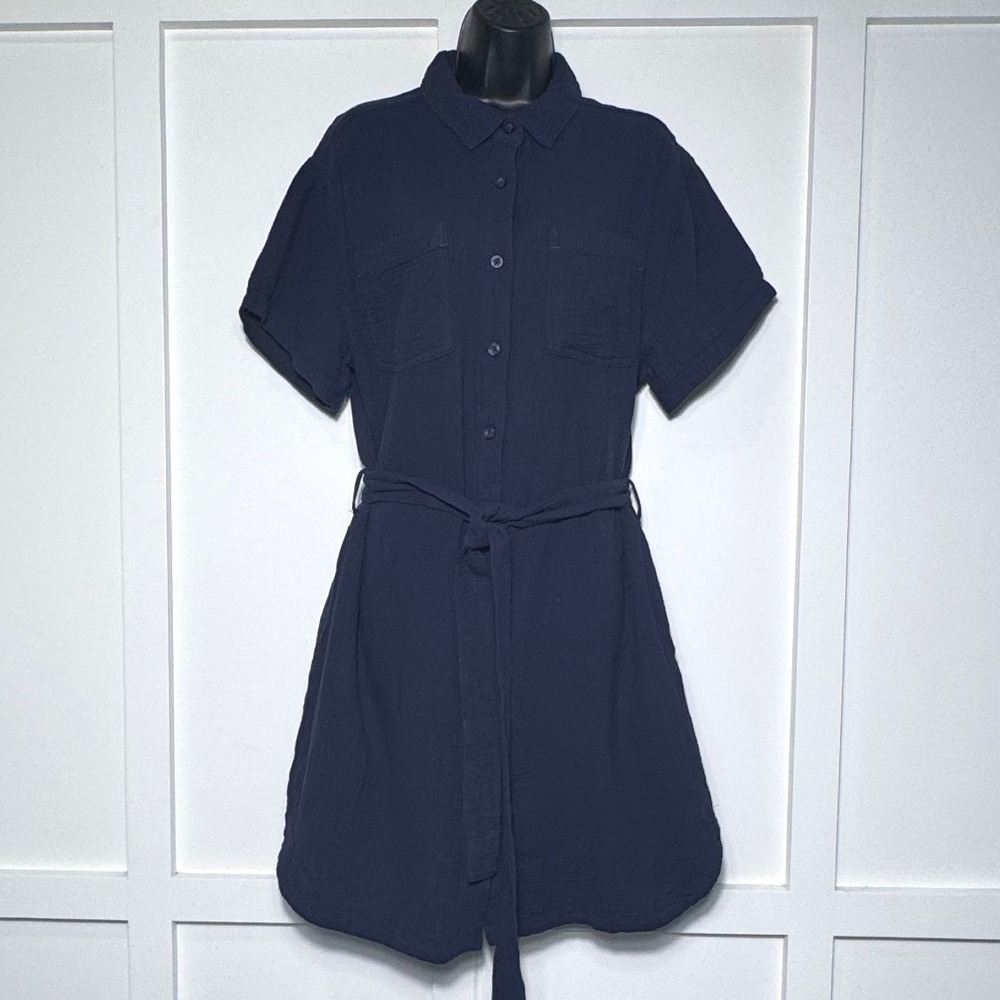 Weatherproof Vintage Womens Navy Cotton Double Gauze Tie Waist Shirt Dress M